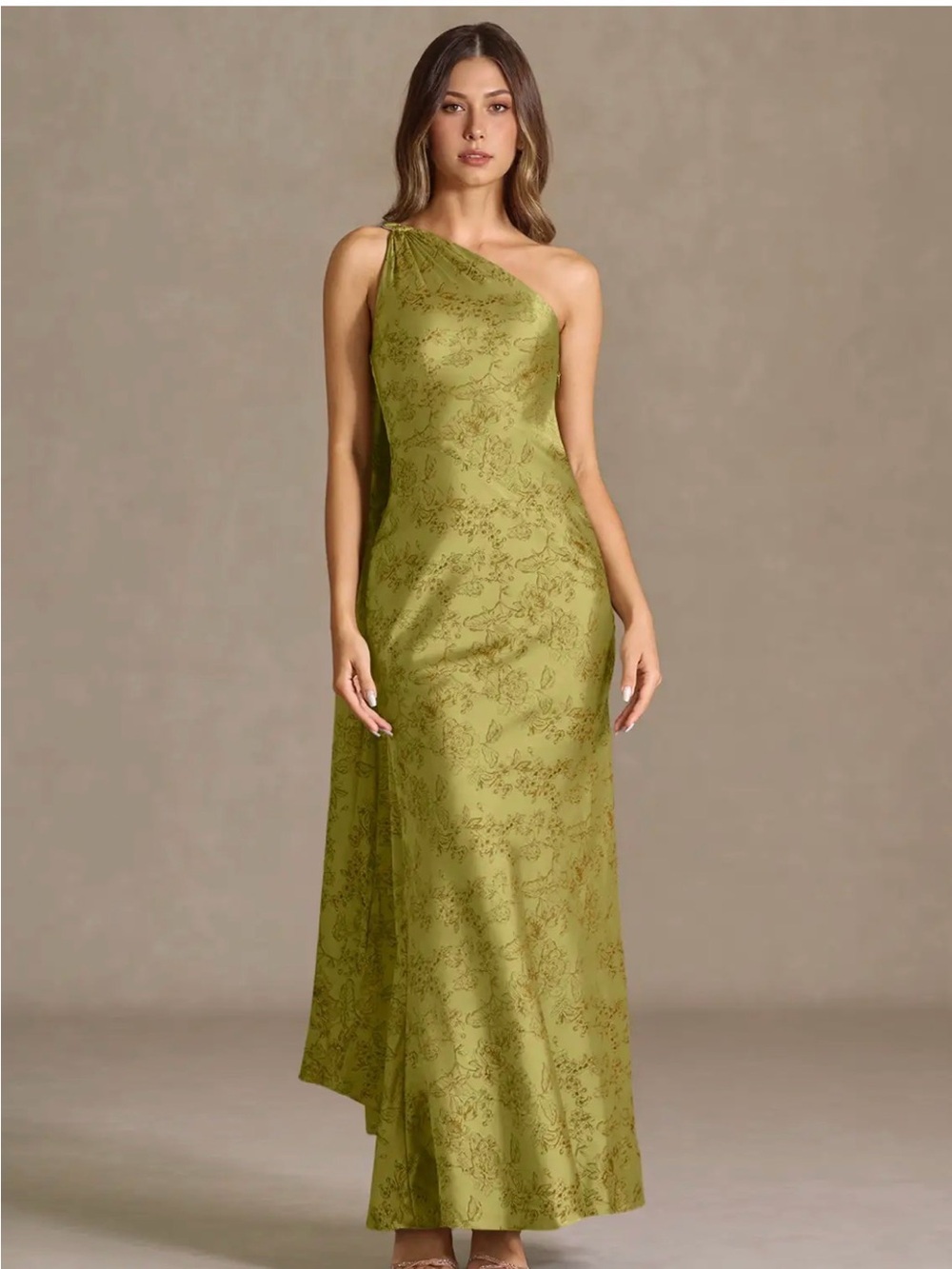 Azazie One-Shoulder Olive Green Floral Satin Gown